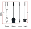 5 Pcs Iron Fireplace Tools Set in Handle Wrought Iron; Fire Tool Set with Log Holder Fire Pit Stand; Black