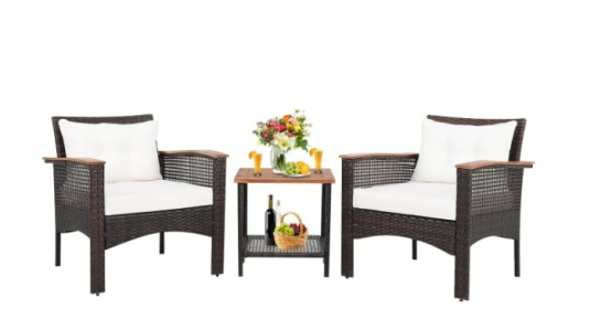 3 Pieces Patio Rattan Furniture Set with Acacia Wood Tabletop