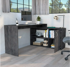 L-Shaped Desk Desti, Single Door Cabinet, Smokey Oak Finish