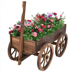 Wood Wagon Planter Pot Stand with Wheels