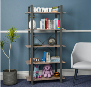 5 Tier Rustic Brown Shelf Wood and Metal Bookcase Vintage Industrial Bookshelf