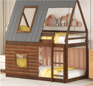 Wood Twin Size House Bunk Bed with Roof, Ladder and 2 Windows