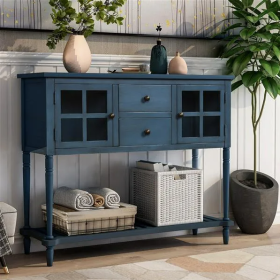 Sideboard Console Table with Bottom Shelf, Farmhouse Wood/Glass Buffet Storage Cabinet Living Room (Antique Navy)