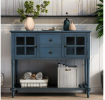 Sideboard Console Table with Bottom Shelf, Farmhouse Wood/Glass Buffet Storage Cabinet Living Room (Antique Navy)