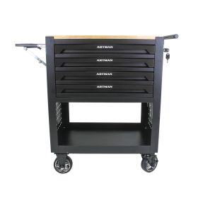 4 DRAWERS MULTIFUNCTIONAL TOOL CART WITH WHEELS AND WOODEN TOP-BLACK