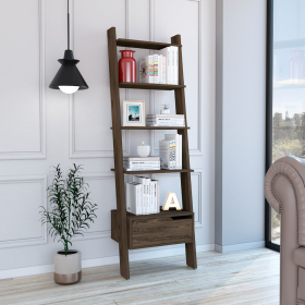 Ladder Bookcase Bull, One Drawer, Five Open Shelves, Dark Walnut Finish