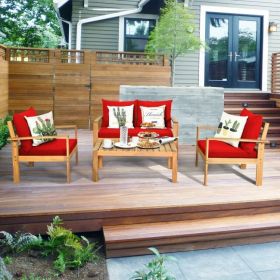 4 Pieces Patio Acacia Wood Thick Cushion Loveseat Sofa Set (Color: Red)