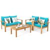 4 Pieces Patio Acacia Wood Thick Cushion Loveseat Sofa Set